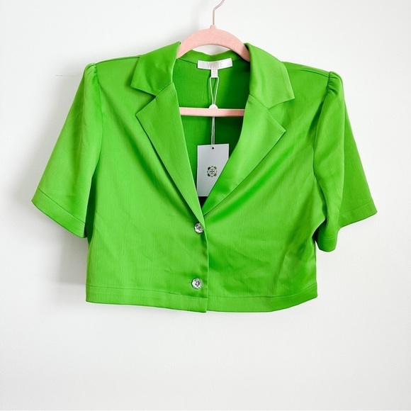 NWT Wayf lime green Roxbury Satin Crop Button-Up Shirt sz XS - Picture 3 of 7